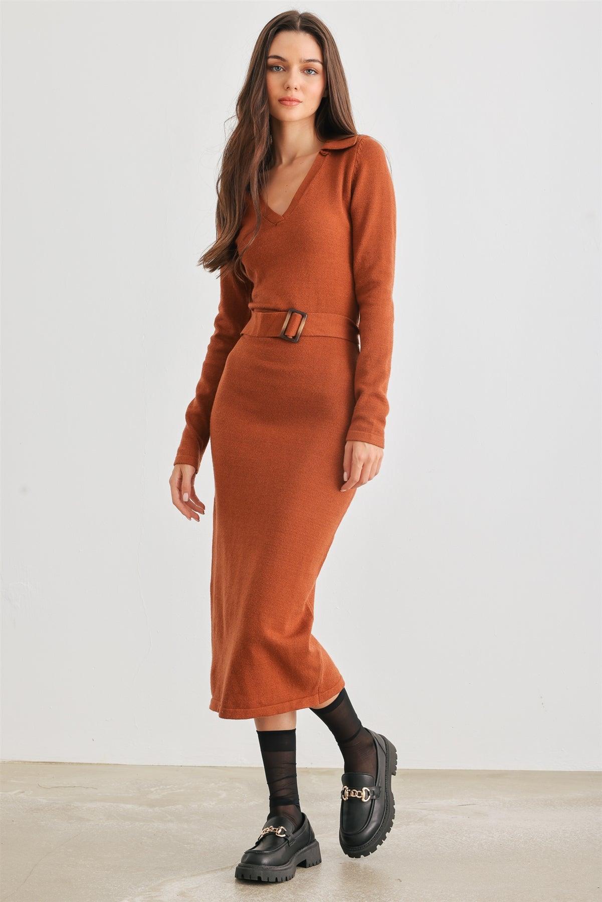 Caramel Knit Collared Neck Belted Midi Dress /2-2-2