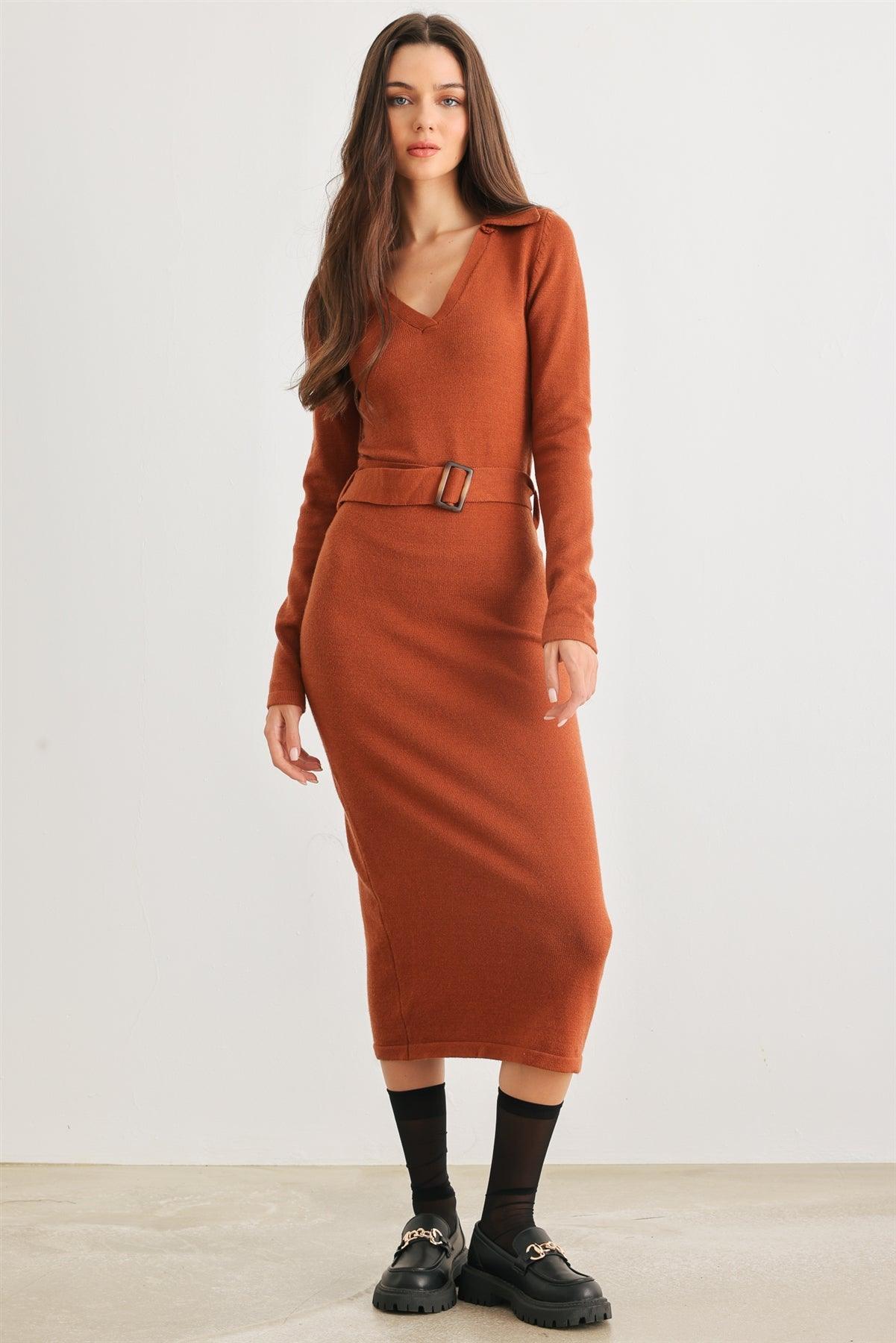 Caramel Knit Collared Neck Belted Midi Dress /3-3