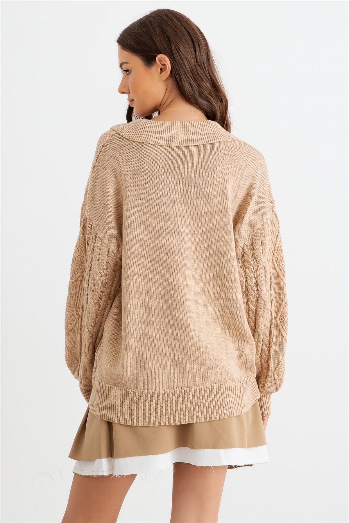 Oatmeal Cable Knit Collared Neck Long Sleeve Sweater /2-2-2