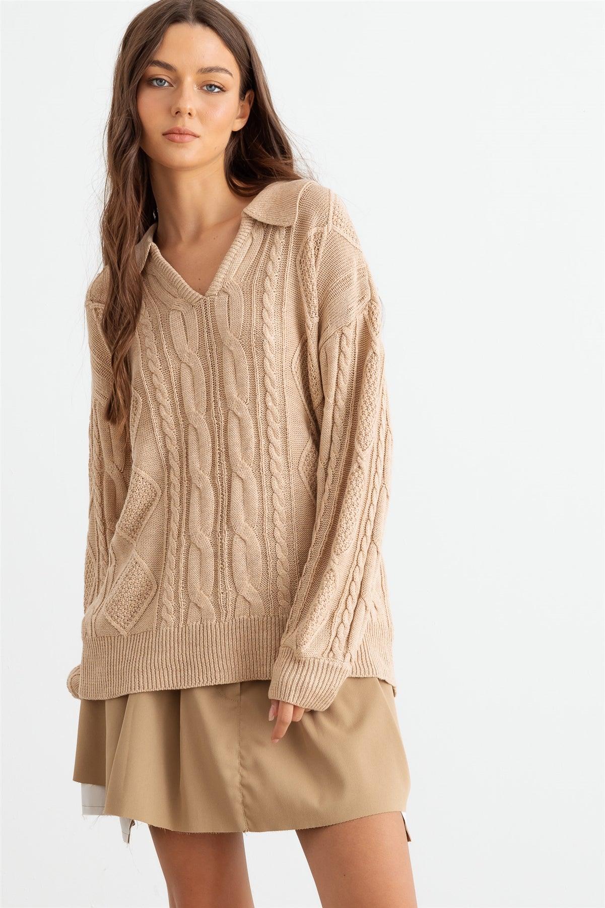 Oatmeal Cable Knit Collared Neck Long Sleeve Sweater /2-2-2