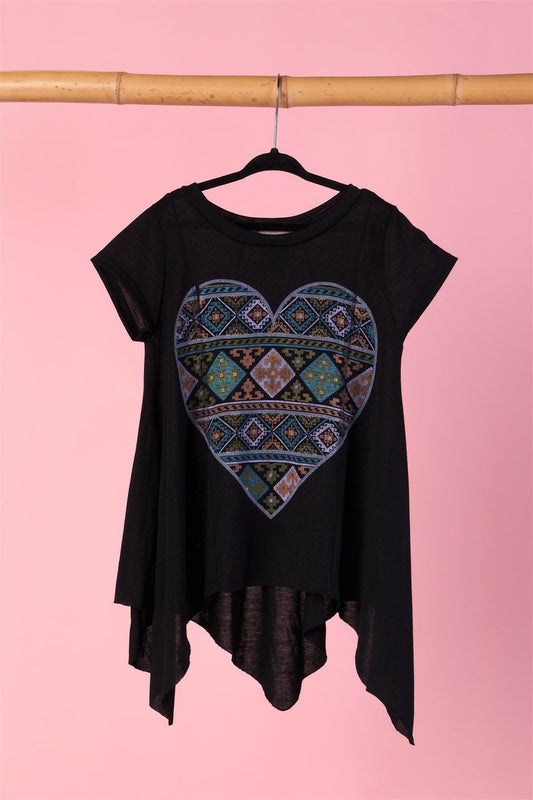 Girls Black "Heart" Asymmetrical Hem Top