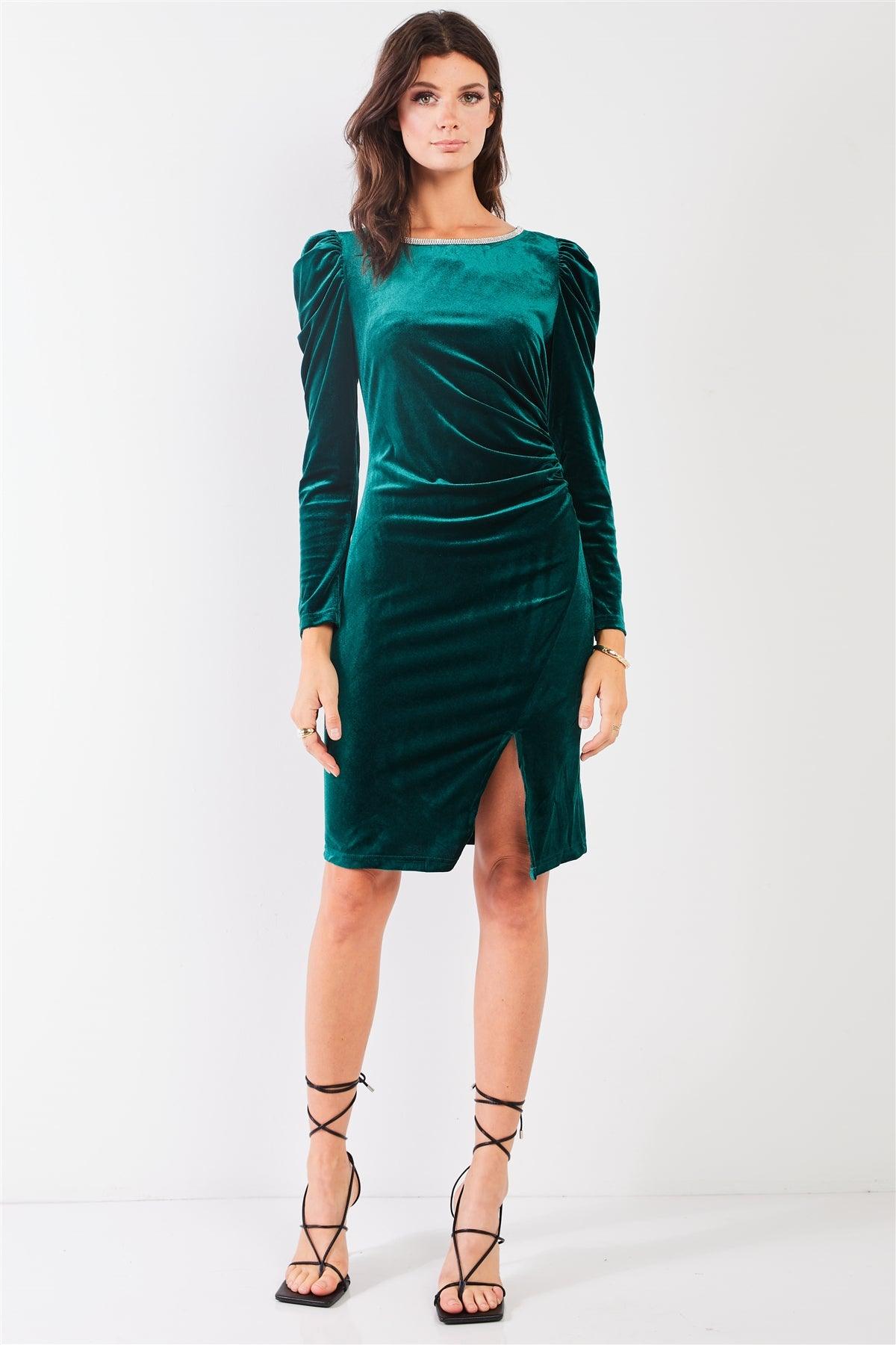 Emerald Green Velvet Rhinestone Neckline Trim Juliet Long Sleeve Knee Length Slit Dress /2-2-2