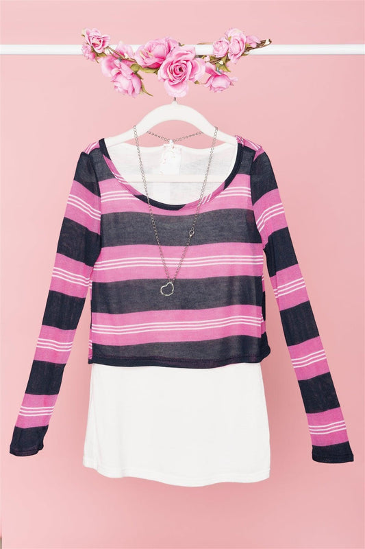 Pink Navy Striped Print Long Sleeve Top /2-2-1