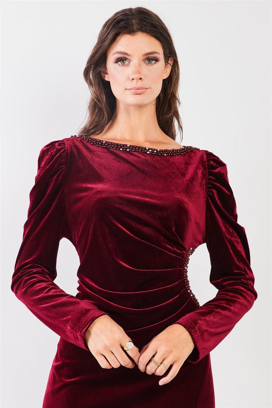 Burgundy Velvet Beaded Neckline Trim Juliet Long Sleeve Side Slit Midi Dress /1-1-1