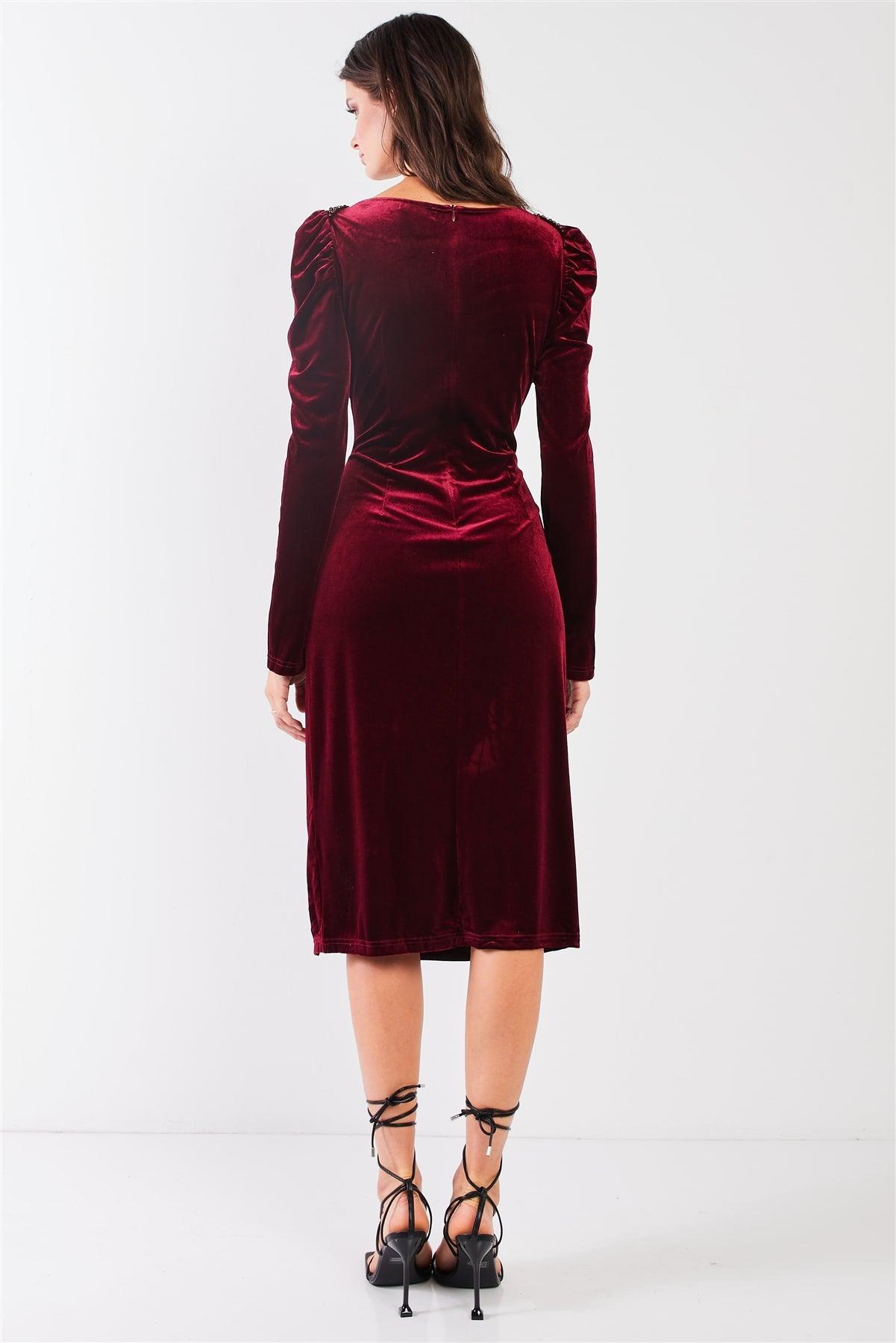 Burgundy Velvet Beaded Neckline Trim Juliet Long Sleeve Side Slit Midi Dress /1-1-1