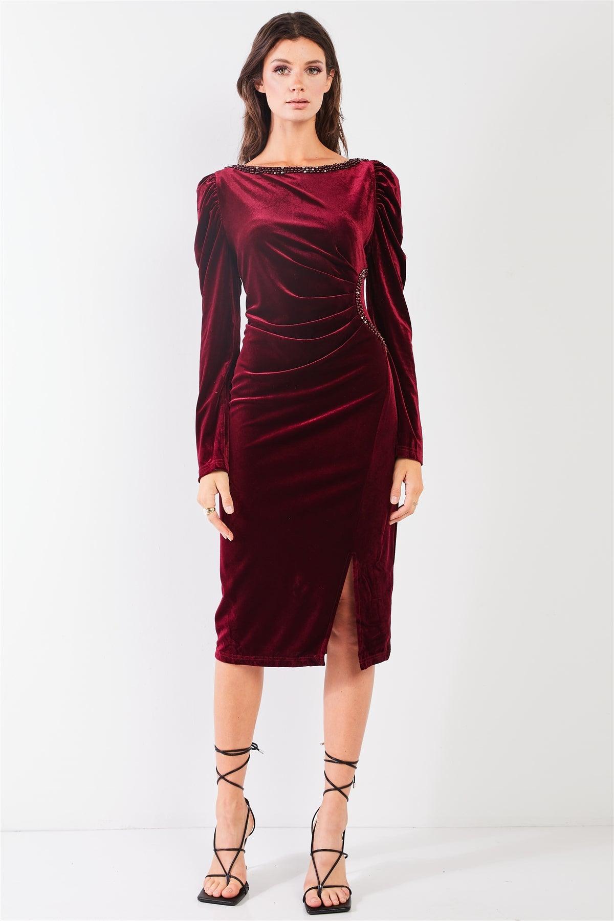 Burgundy Velvet Beaded Neckline Trim Juliet Long Sleeve Side Slit Midi Dress /1-1-1