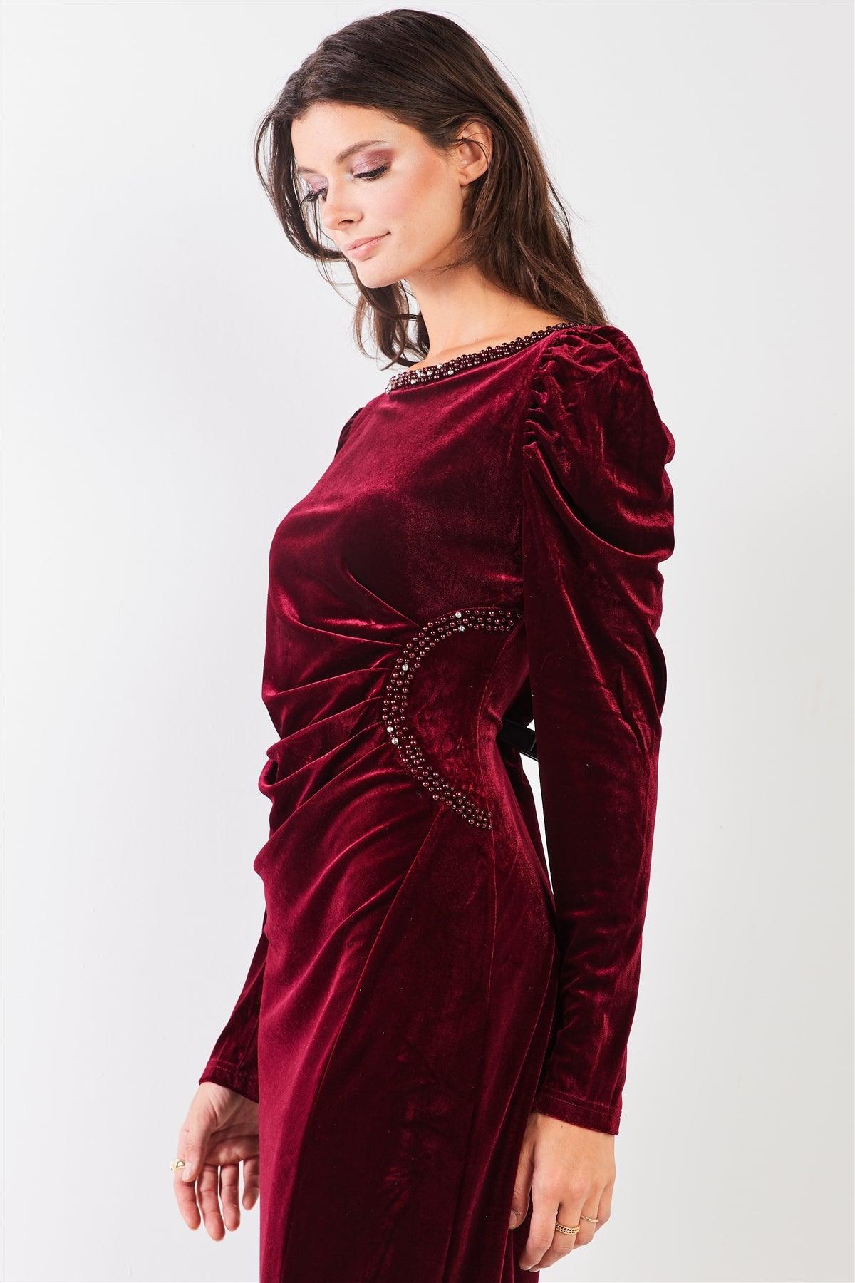 Burgundy Velvet Beaded Neckline Trim Juliet Long Sleeve Side Slit Midi Dress /1-1-1