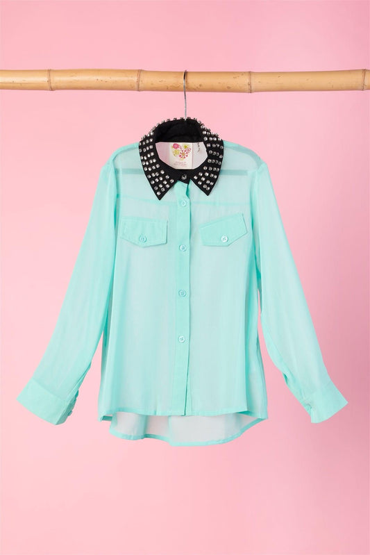 Girls Mint Sheer Rhinestone Collar Top / 1-2-2-1