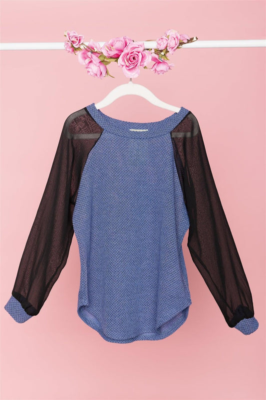 Girls Blue Black Sheer Long Sleeve Top / 2-2