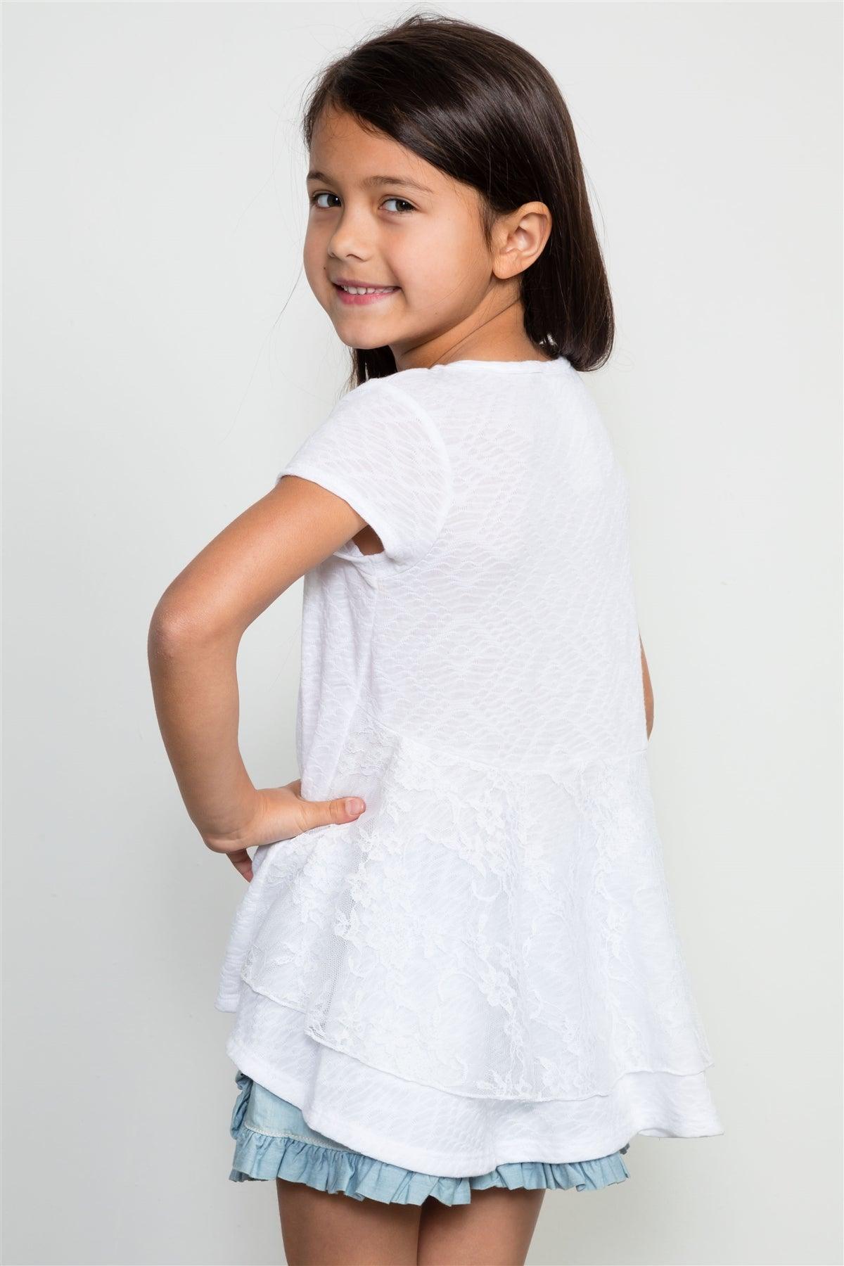 Girls White Back Lace Trim Top / 2-2-1