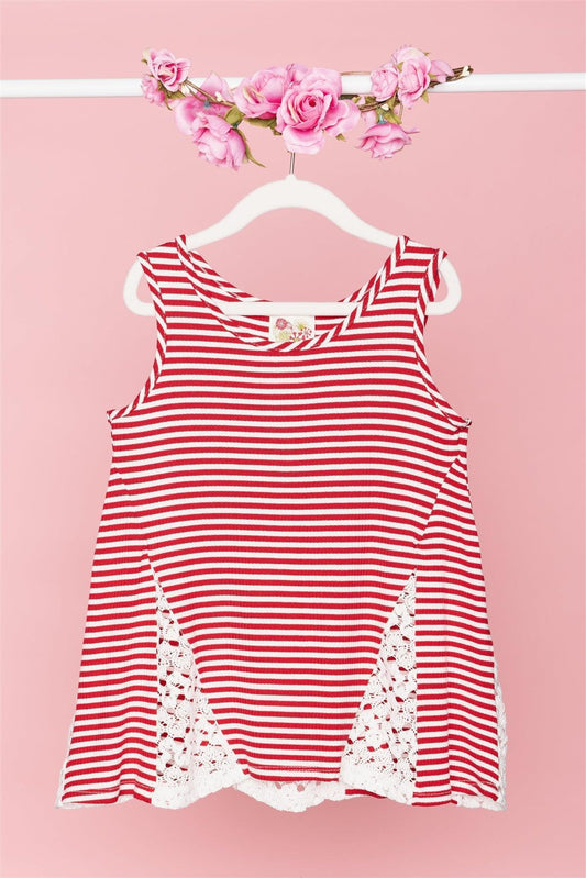 Girls Red White Stripped Sleeveless Lace Detail Top /1-2-2-1