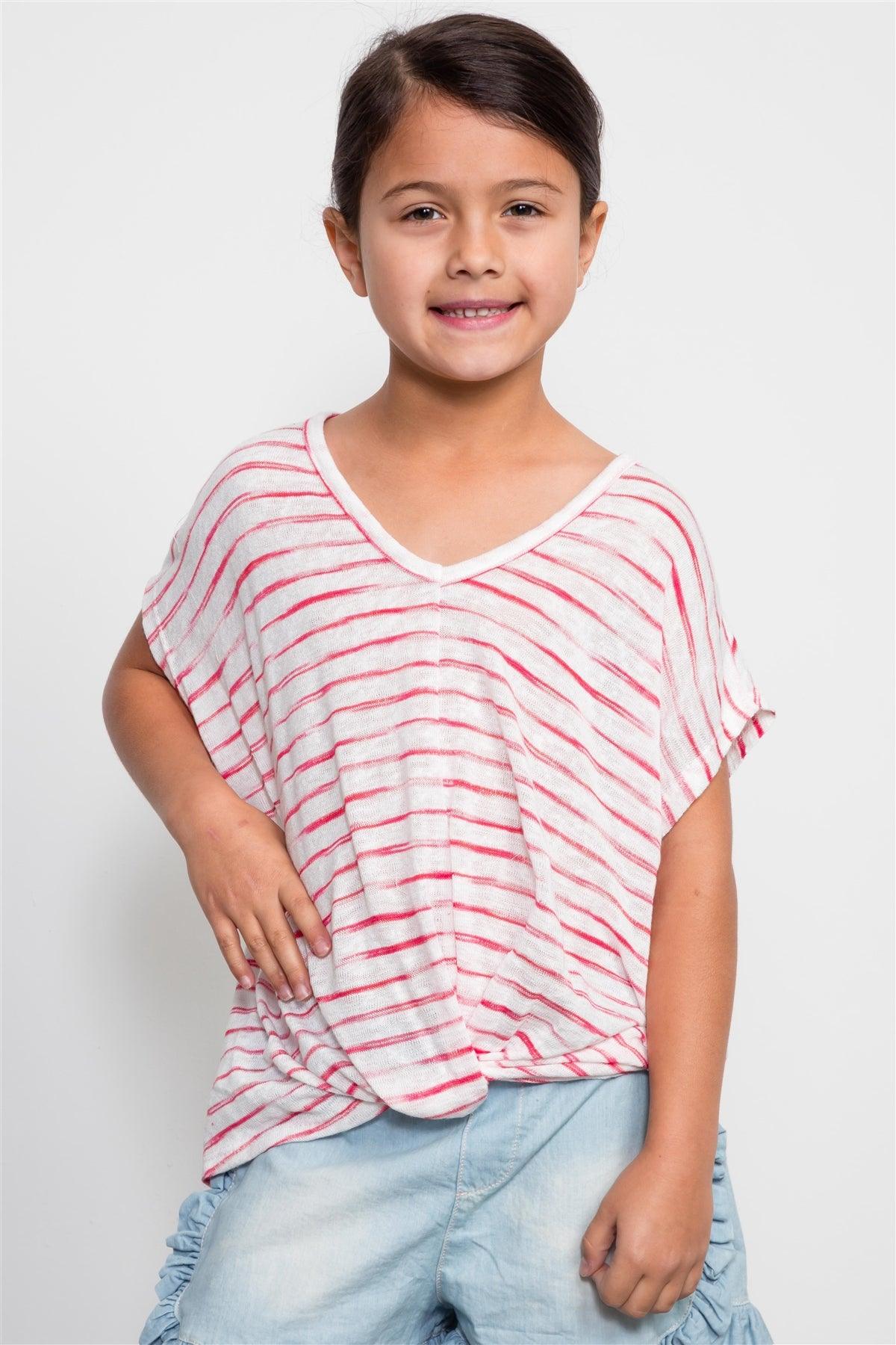 Girls Red Stripe Print Front Knotted Top / 1-2-2-1