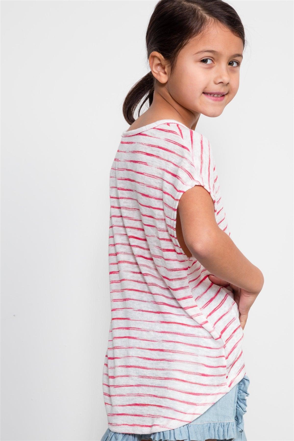 Girls Red Stripe Print Front Knotted Top / 1-2-2-1