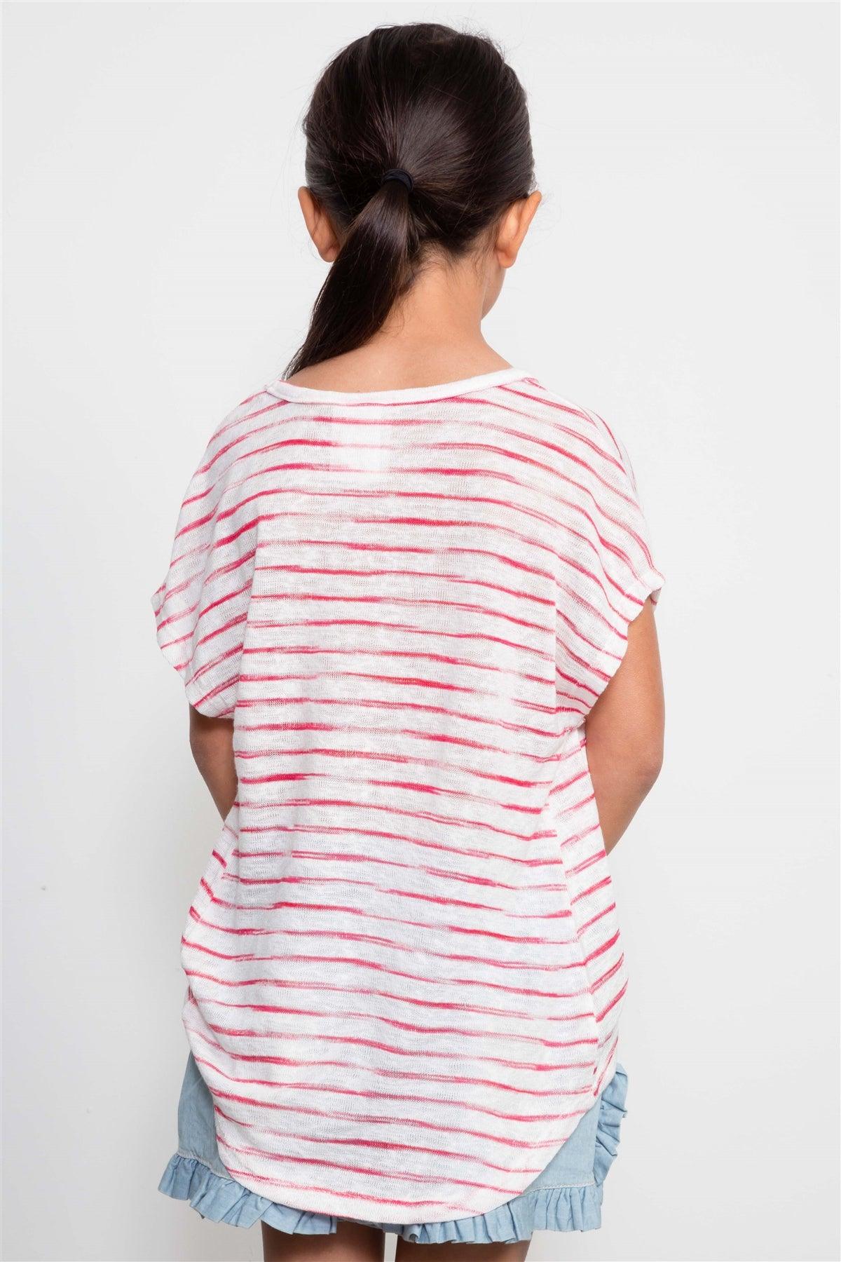 Girls Red Stripe Print Front Knotted Top / 1-2-2-1