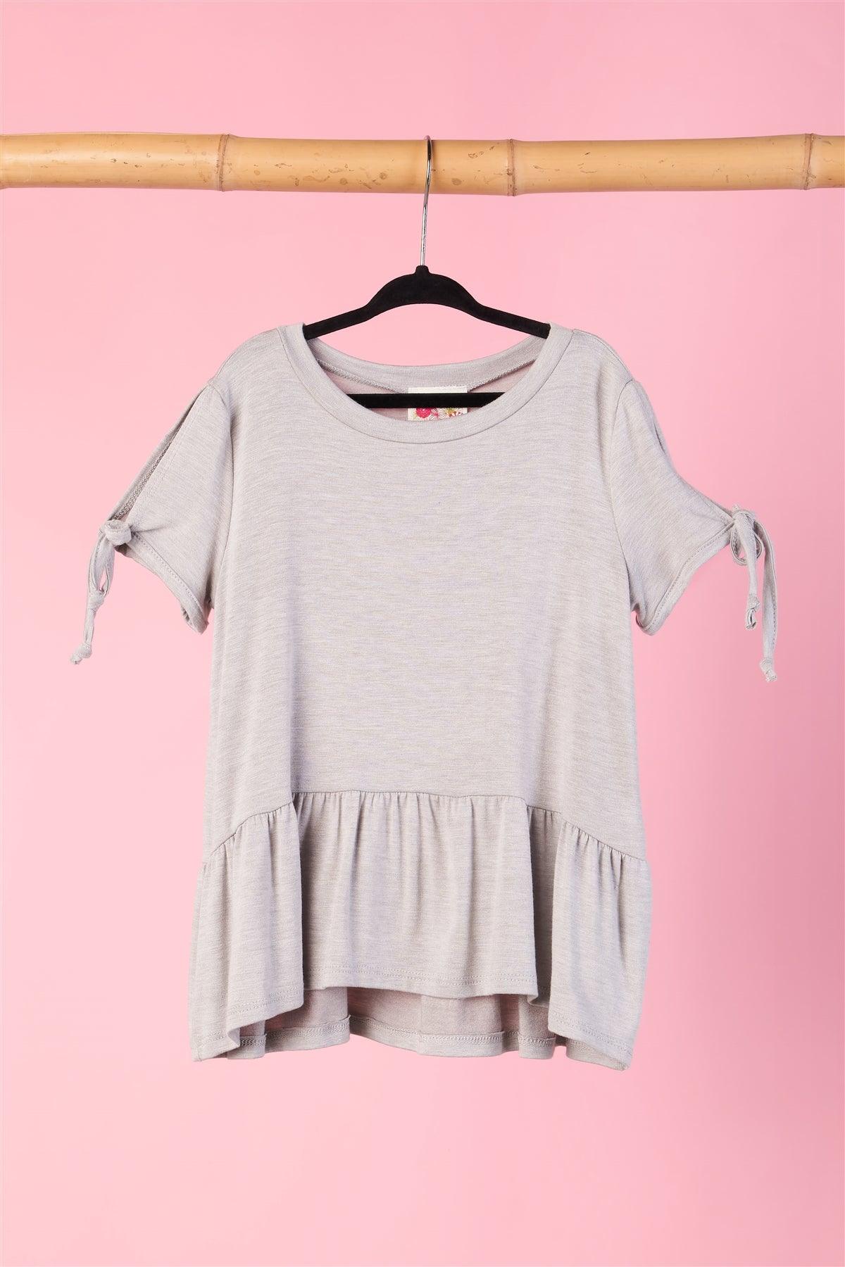 Girls Heather Grey Tie Sleeve Ruffle Hem Top / 1-2-2-1