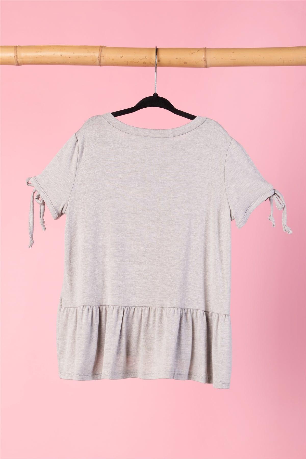 Girls Heather Grey Tie Sleeve Ruffle Hem Top / 1-2-2-1