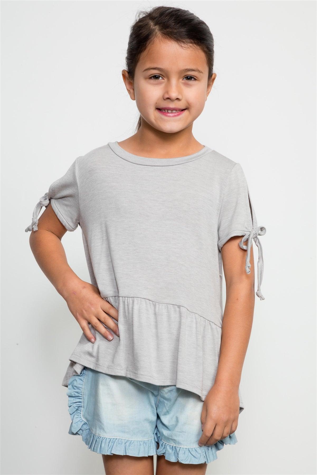 Girls Heather Grey Tie Sleeve Ruffle Hem Top / 1-2-2-1