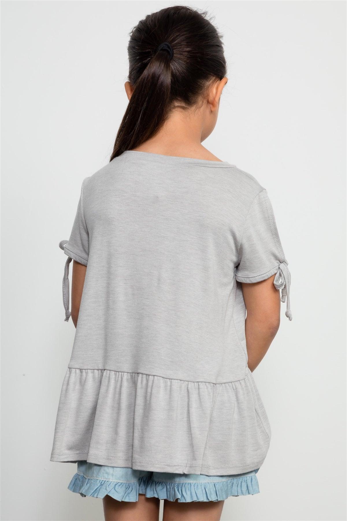 Girls Heather Grey Tie Sleeve Ruffle Hem Top / 1-2-2-1