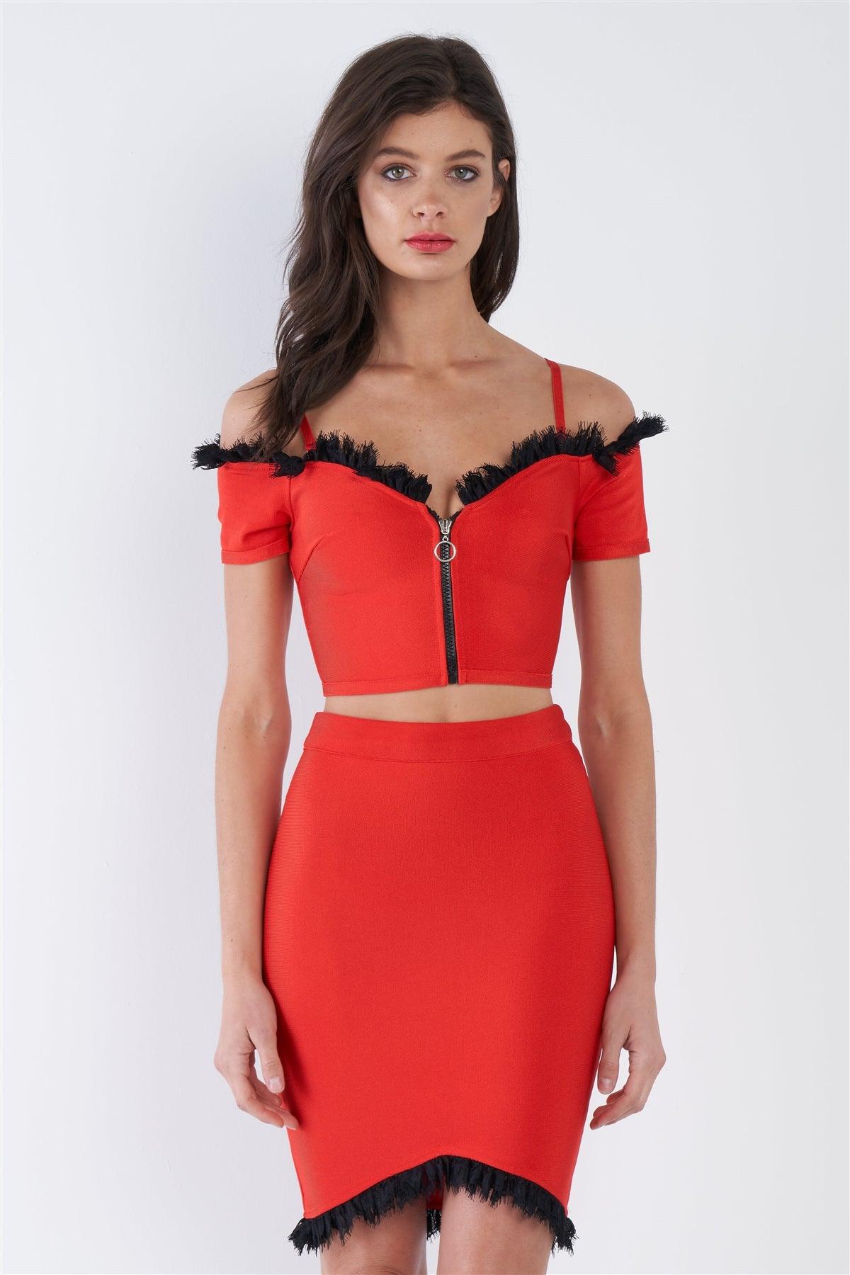 Red Off-The Shoulder Crop & Eyelash Lace Trim Asymmetrical Mini Skirt Set /2-2-2