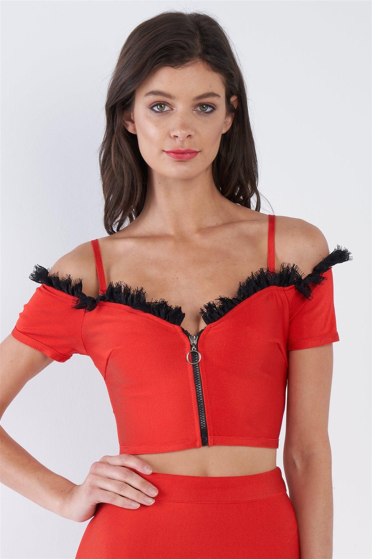 Red Off-The Shoulder Crop & Eyelash Lace Trim Asymmetrical Mini Skirt Set /2-2-2