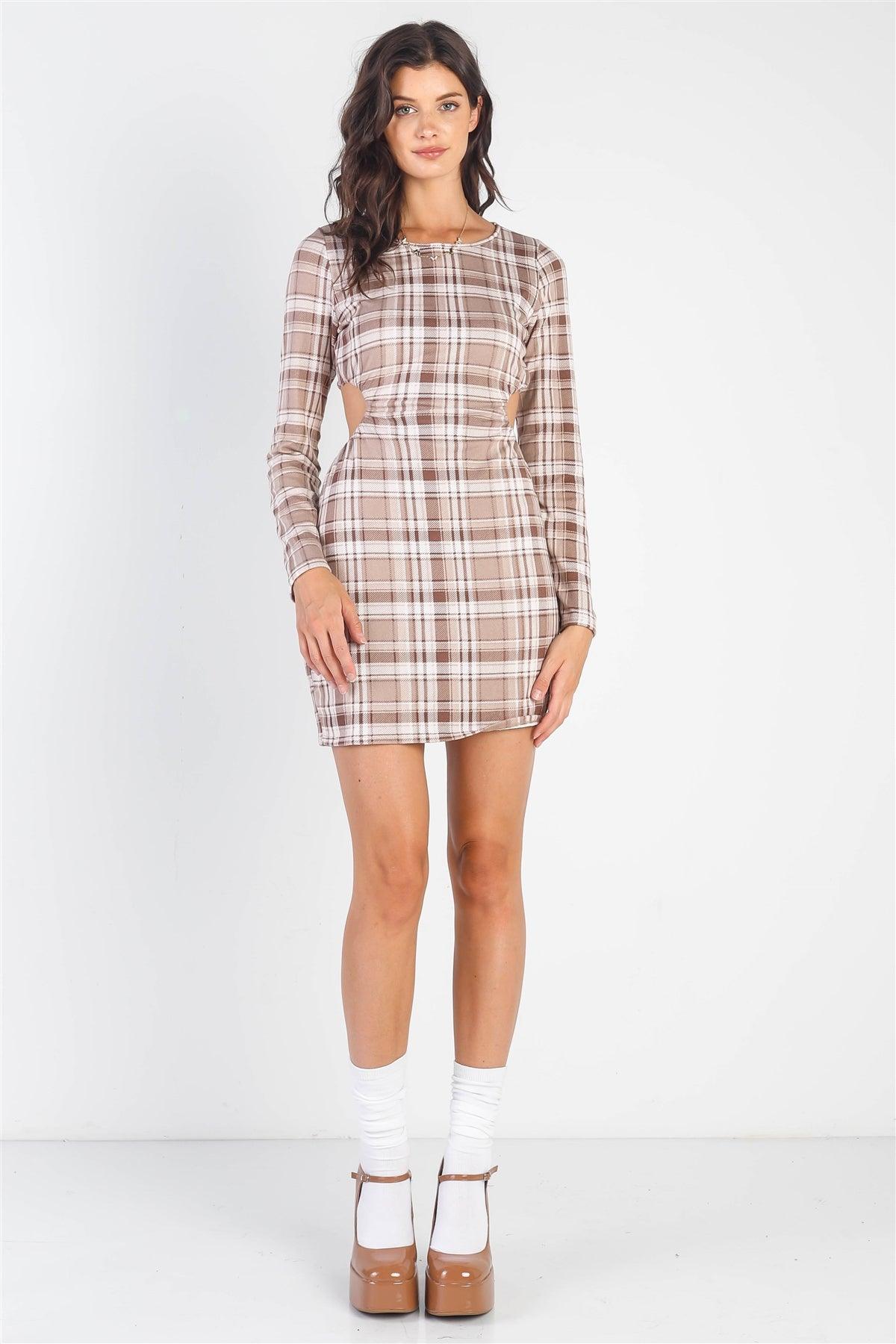 Brown &White Plaid Print Cut-Out Long Sleeve Dress /3-2-1