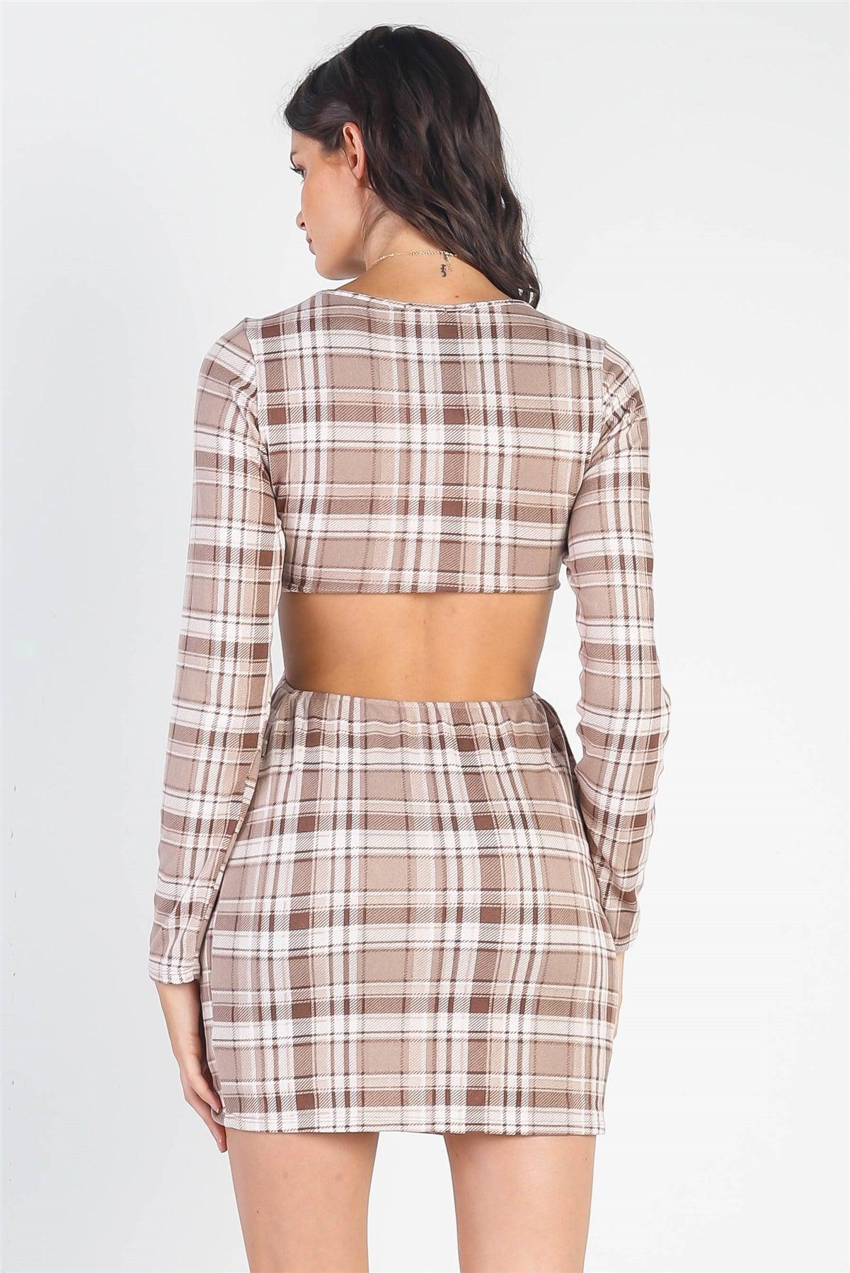 Brown &White Plaid Print Cut-Out Long Sleeve Dress /3-2-1