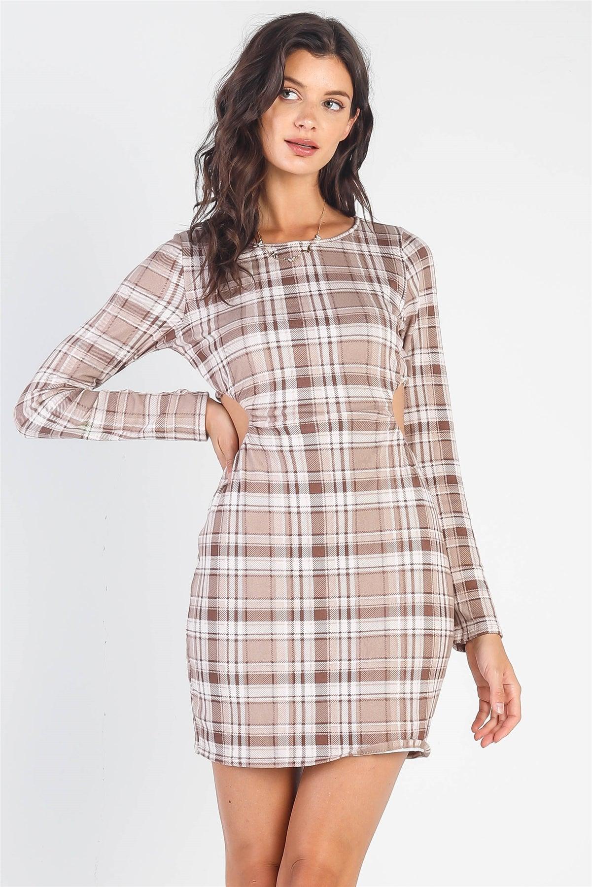 Brown &White Plaid Print Cut-Out Long Sleeve Dress /3-2-1