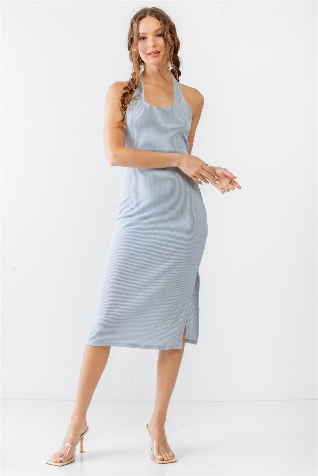 Light Blue Ribbed Sleeveless Criss-Cross Back Midi Dress /3-2-1