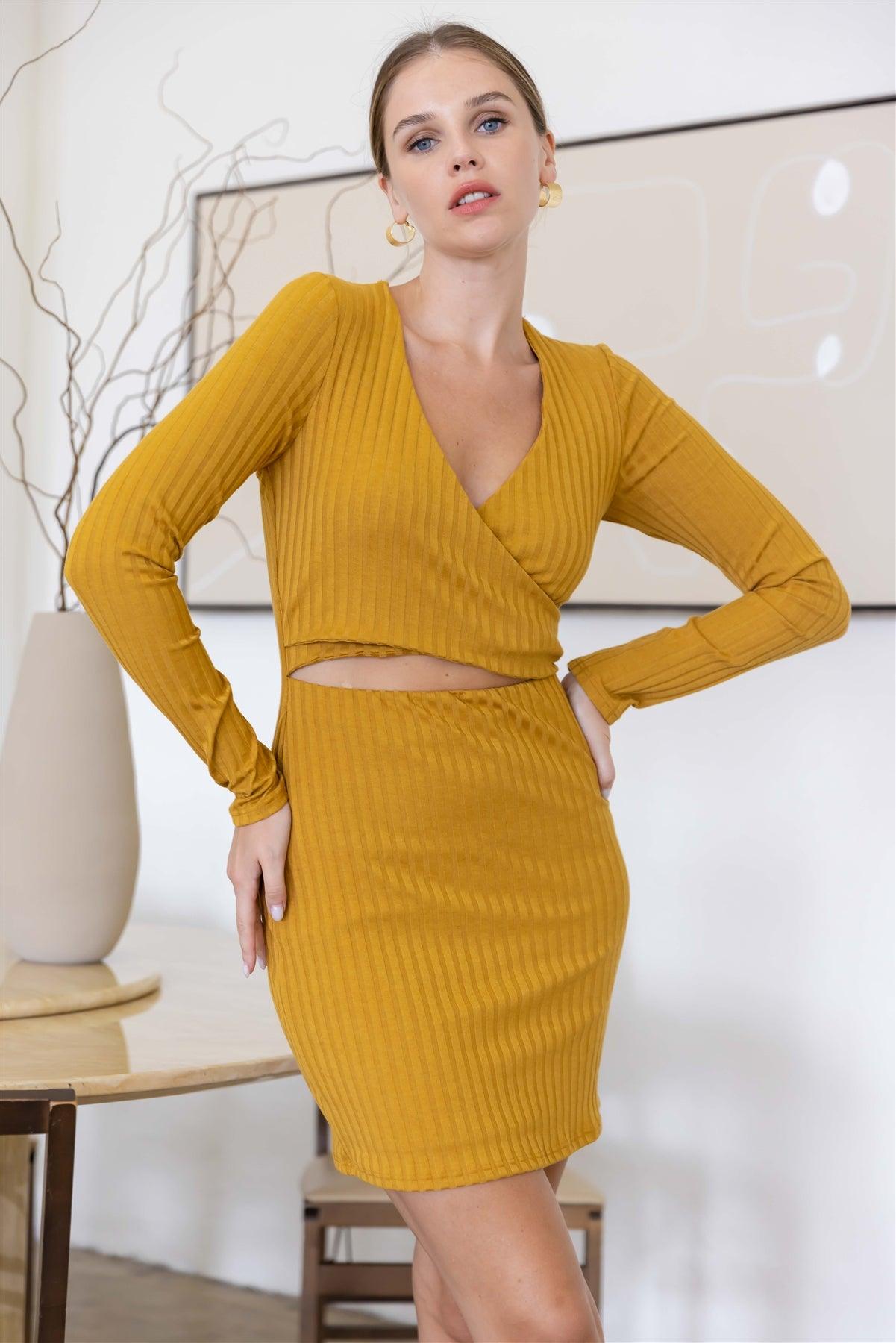 Mustard Ribbed Wrap V-Neck Long Sleeve Mini Dress /2-2-1