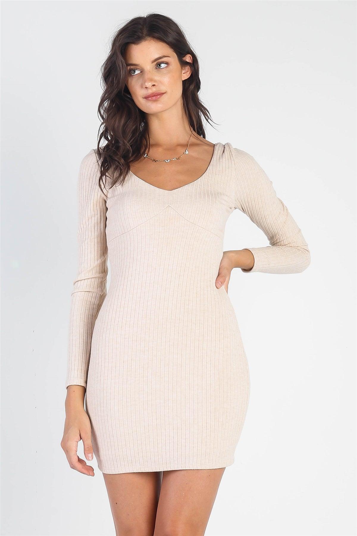 Oatmeal Ribbed Long Sleeve Mini Dress /3-2-1