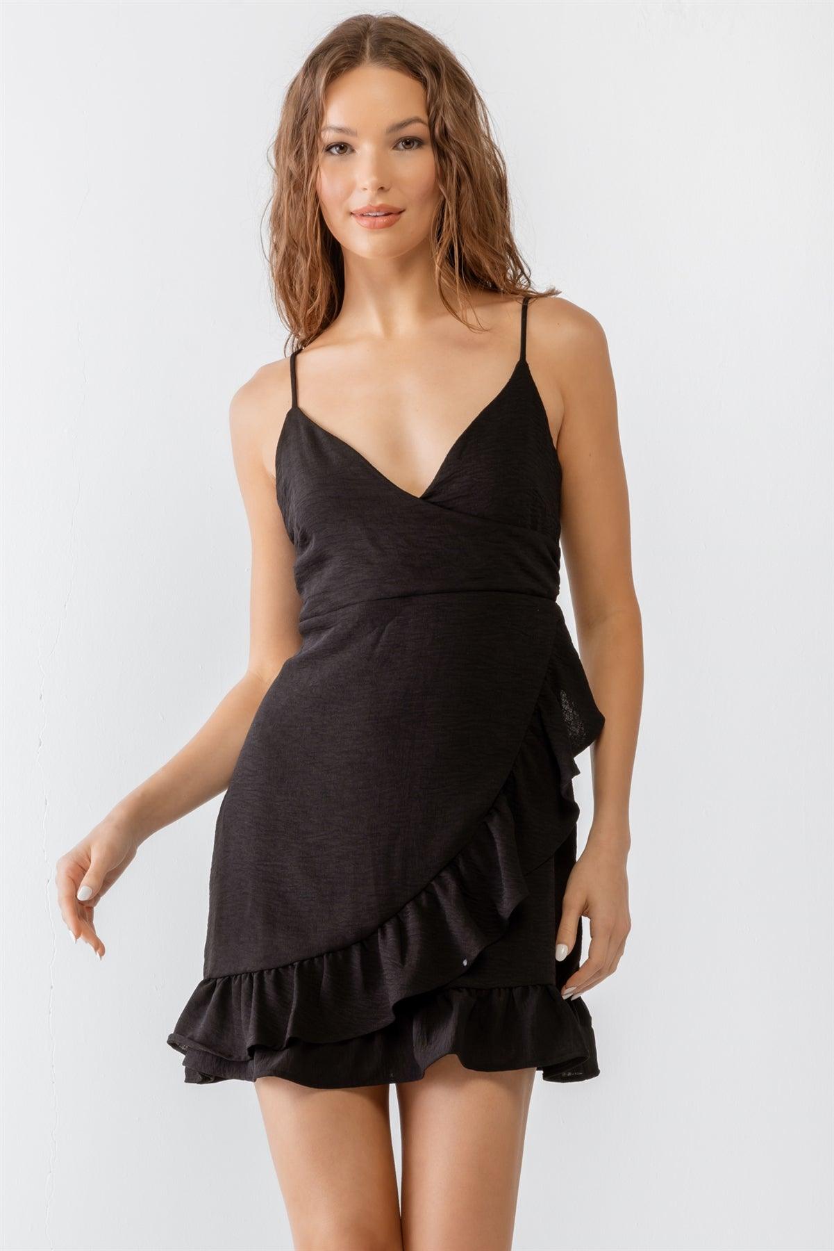 Black Textured Sleeveless Wrap Ruffle Hem Mini Dress /3-2-1