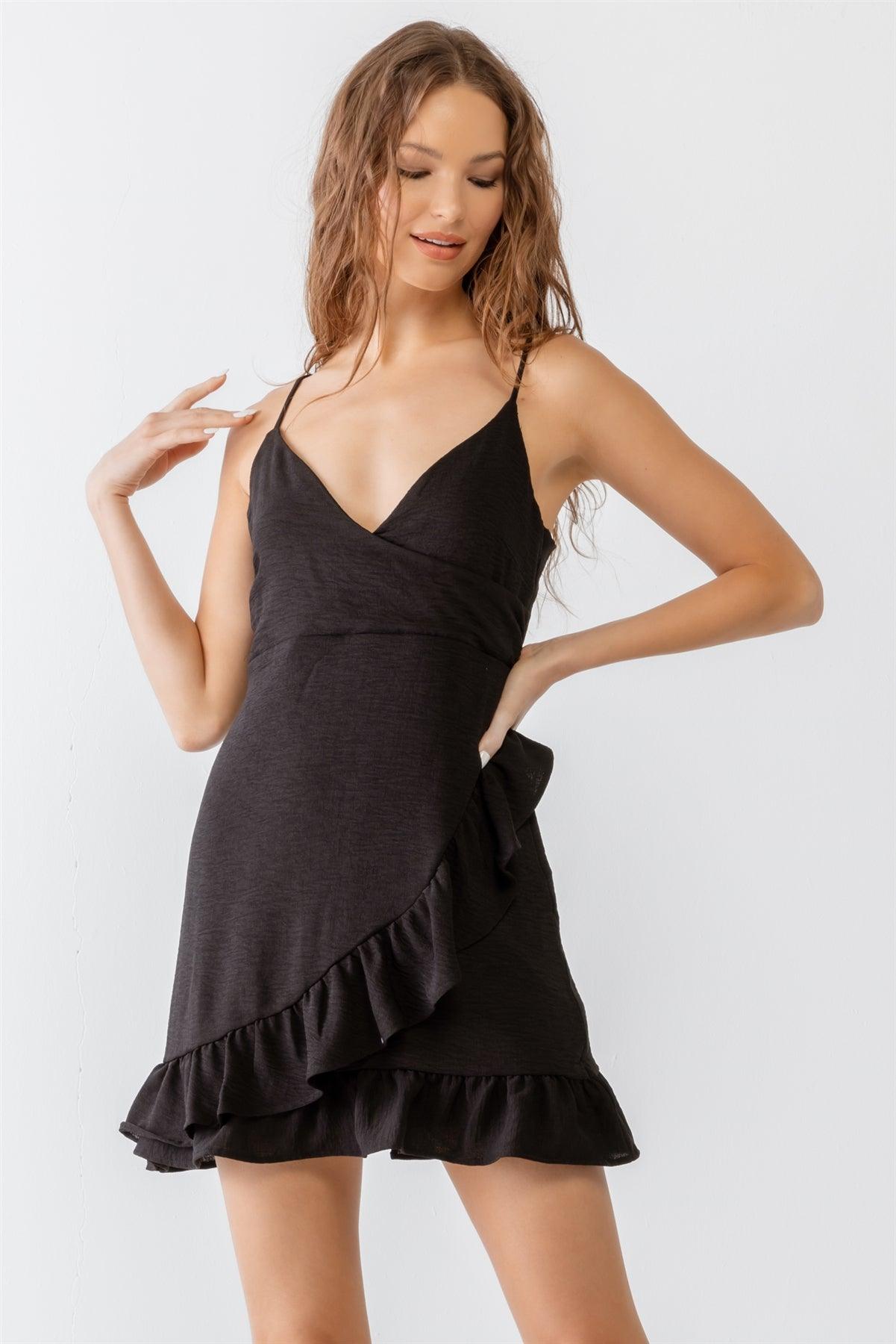 Black Textured Sleeveless Wrap Ruffle Hem Mini Dress /3-2-1