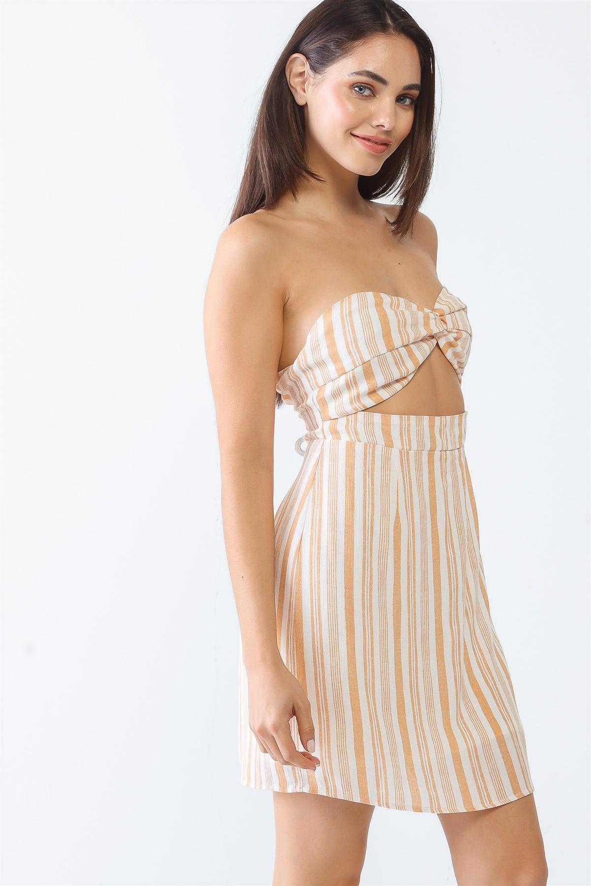 White & Apricot Stripe Print Strapless Twist Cut-Out Smocked Back Mini Dress /2-2-1