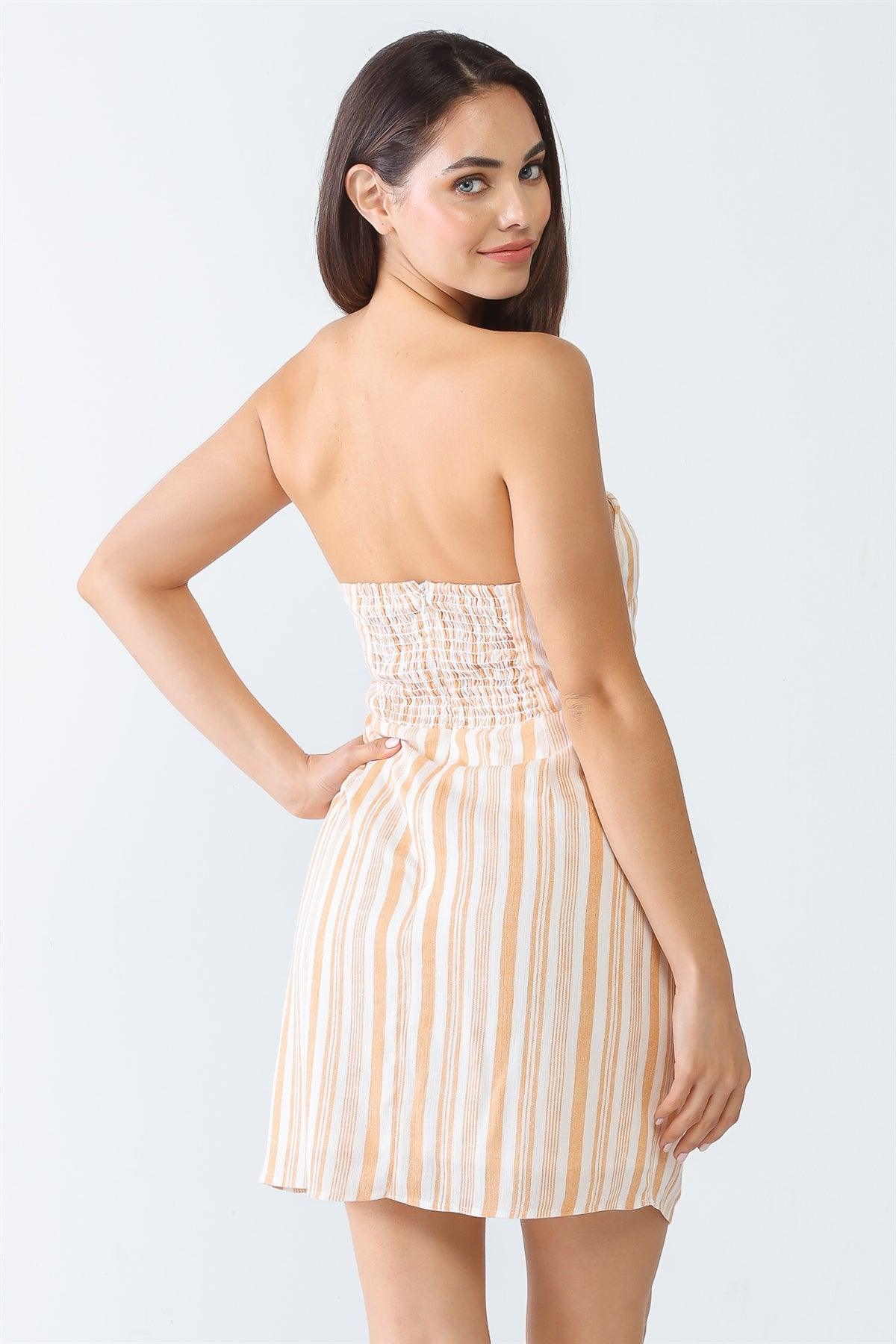 White & Apricot Stripe Print Strapless Twist Cut-Out Smocked Back Mini Dress /2-2-1