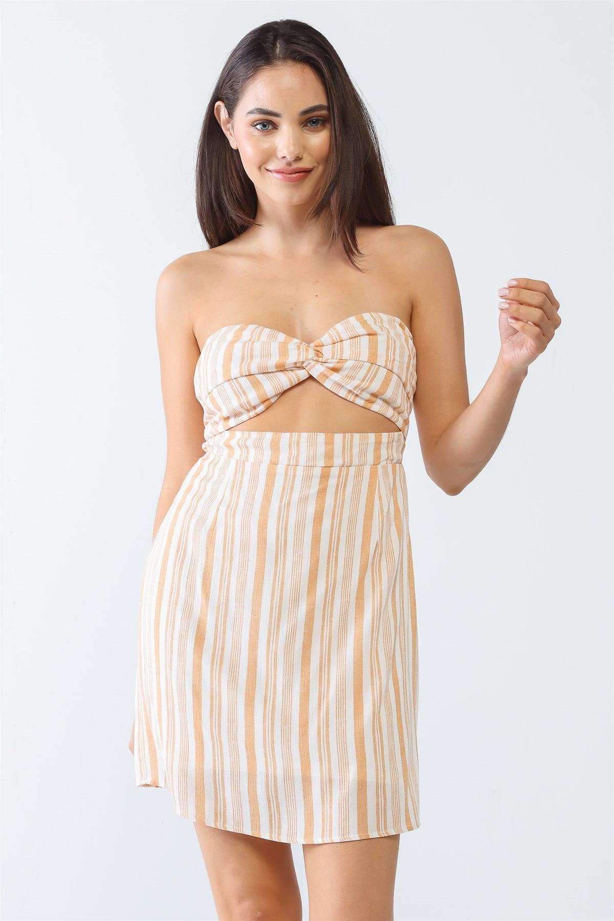 White & Apricot Stripe Print Strapless Twist Cut-Out Smocked Back Mini Dress /2-2-1