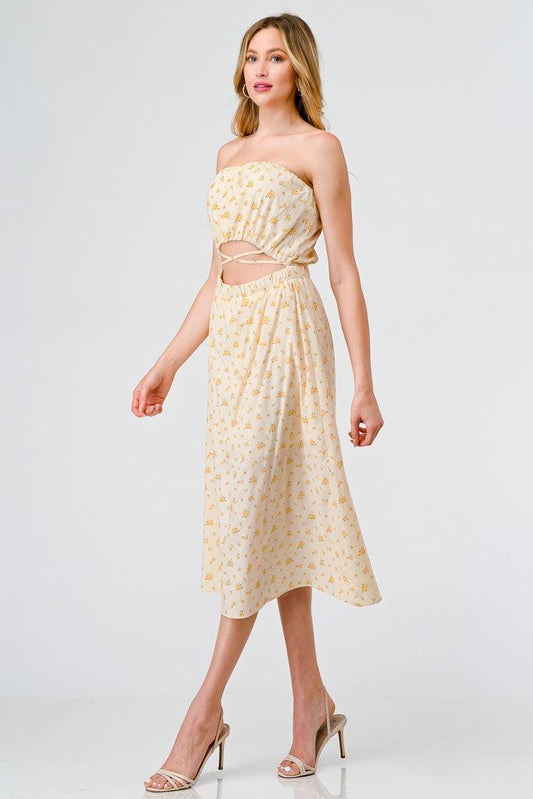 Yellow Ditsy Cotton Strapless Cut-Out Midi Dress /3-2-1