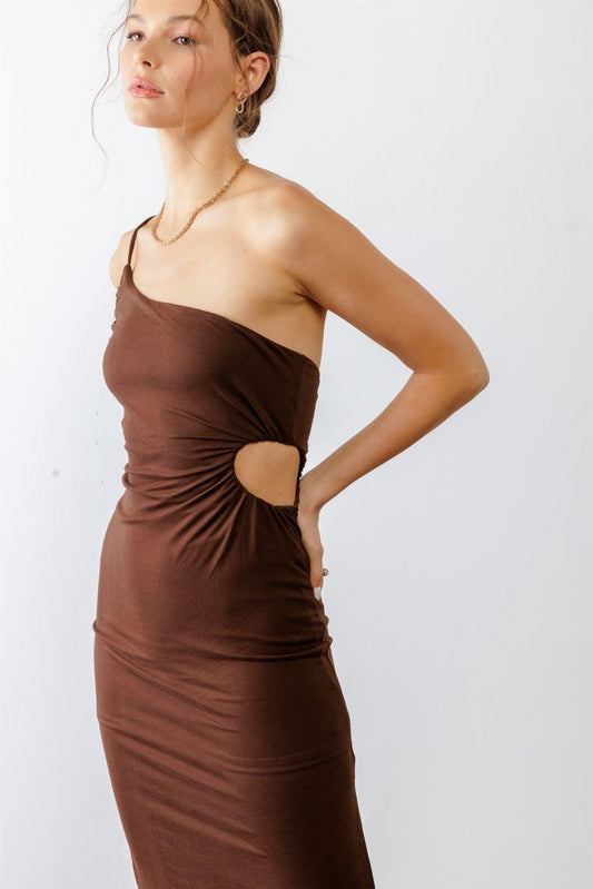 Brown One Shoulder Cut-Out Side Midi Dress /4-3