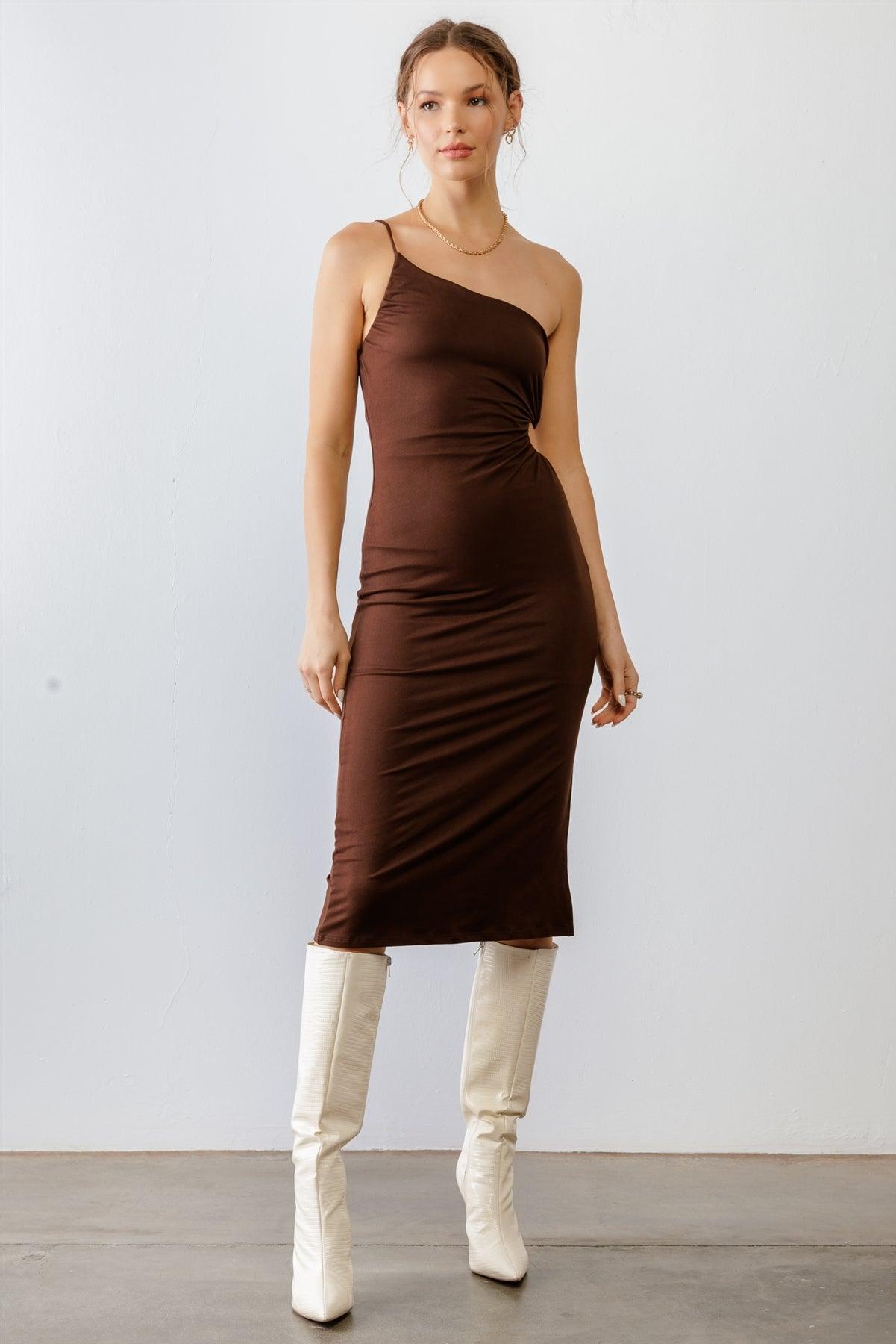 Brown One Shoulder Cut-Out Side Midi Dress /4-3