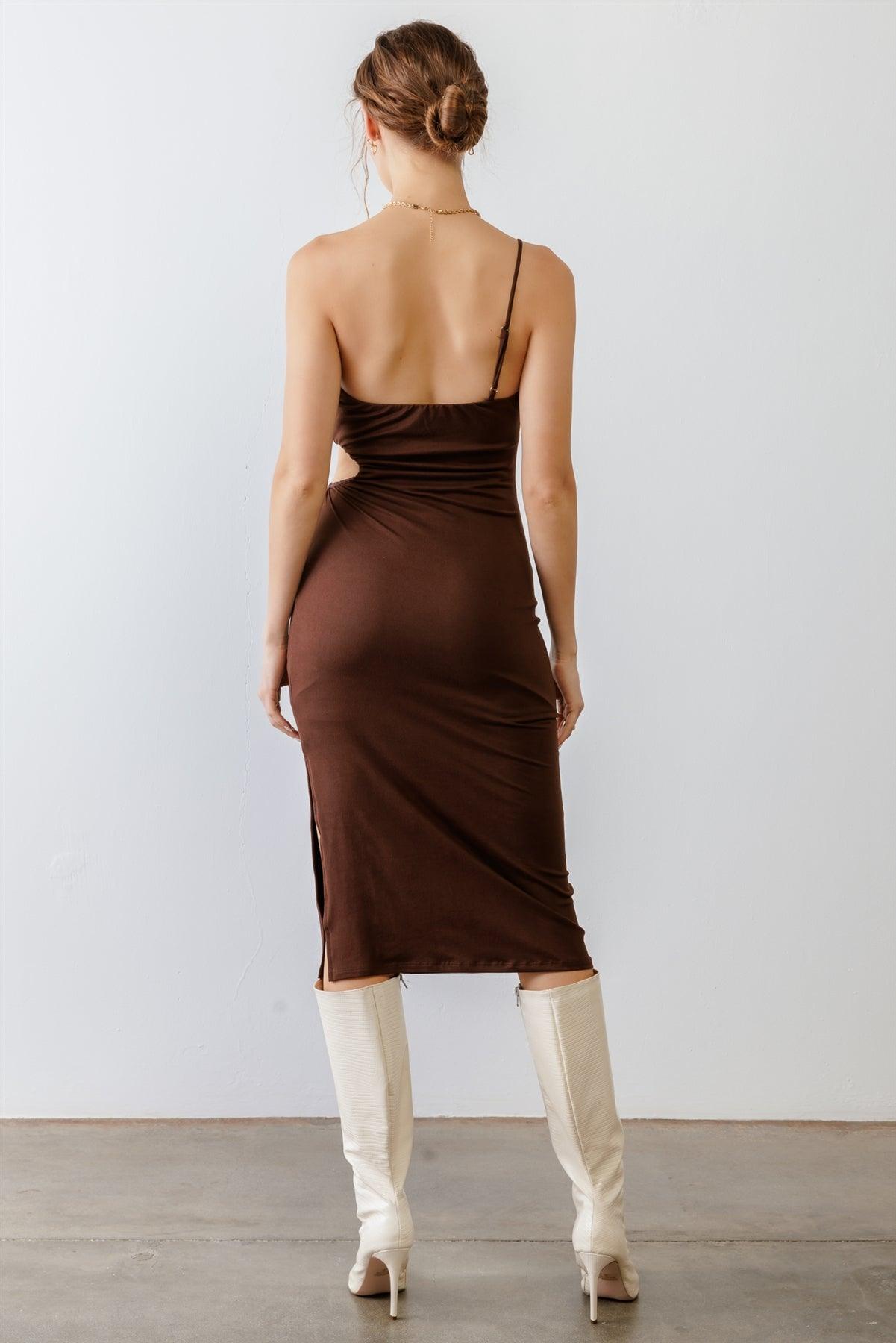 Brown One Shoulder Cut-Out Side Midi Dress /4-3