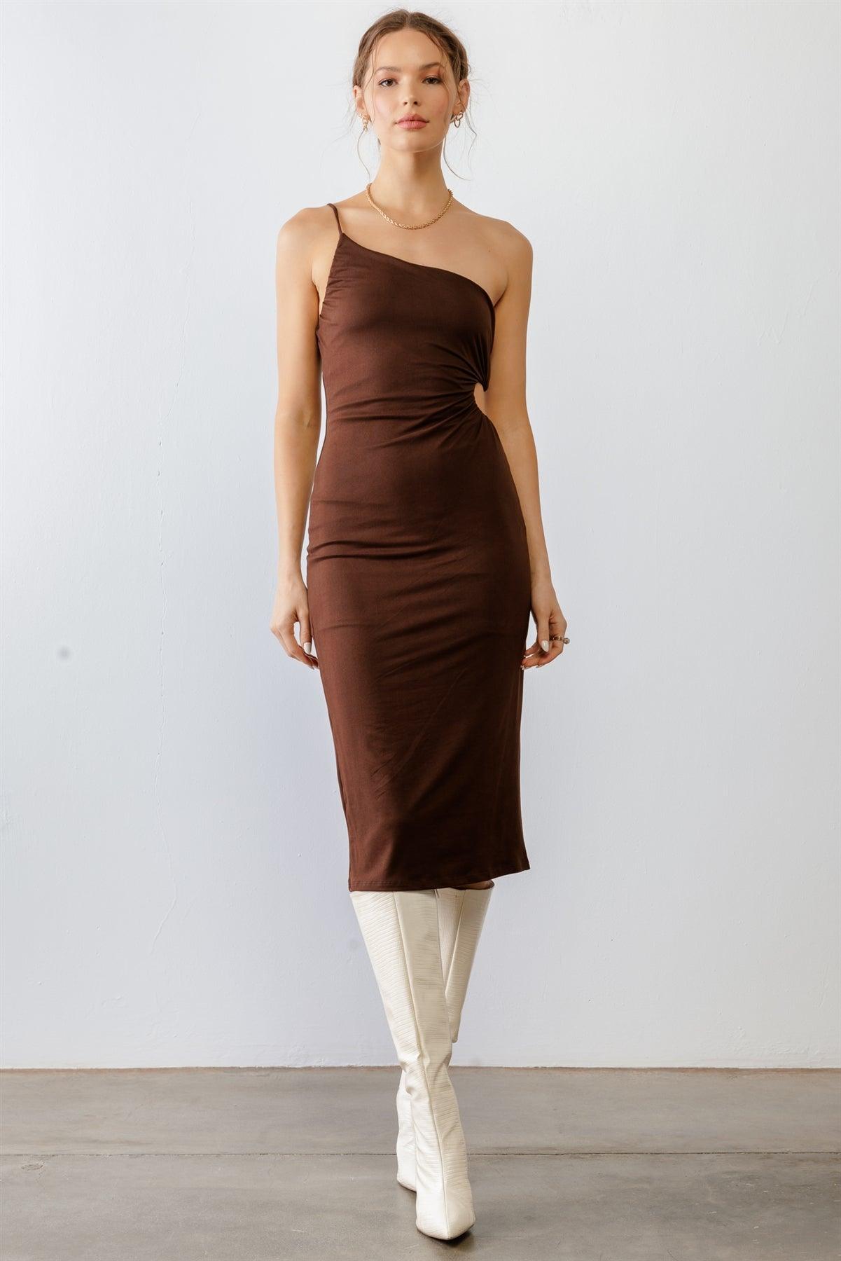 Brown One Shoulder Cut-Out Side Midi Dress /4-3