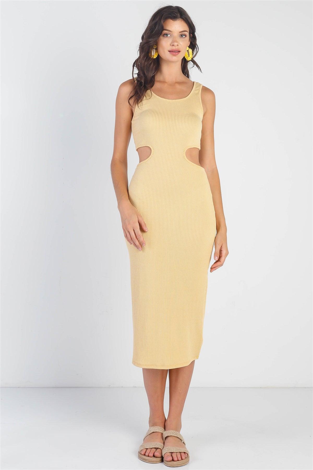 Yellow Ribbed Cut-Out Detail Midi Dress /3-2-1