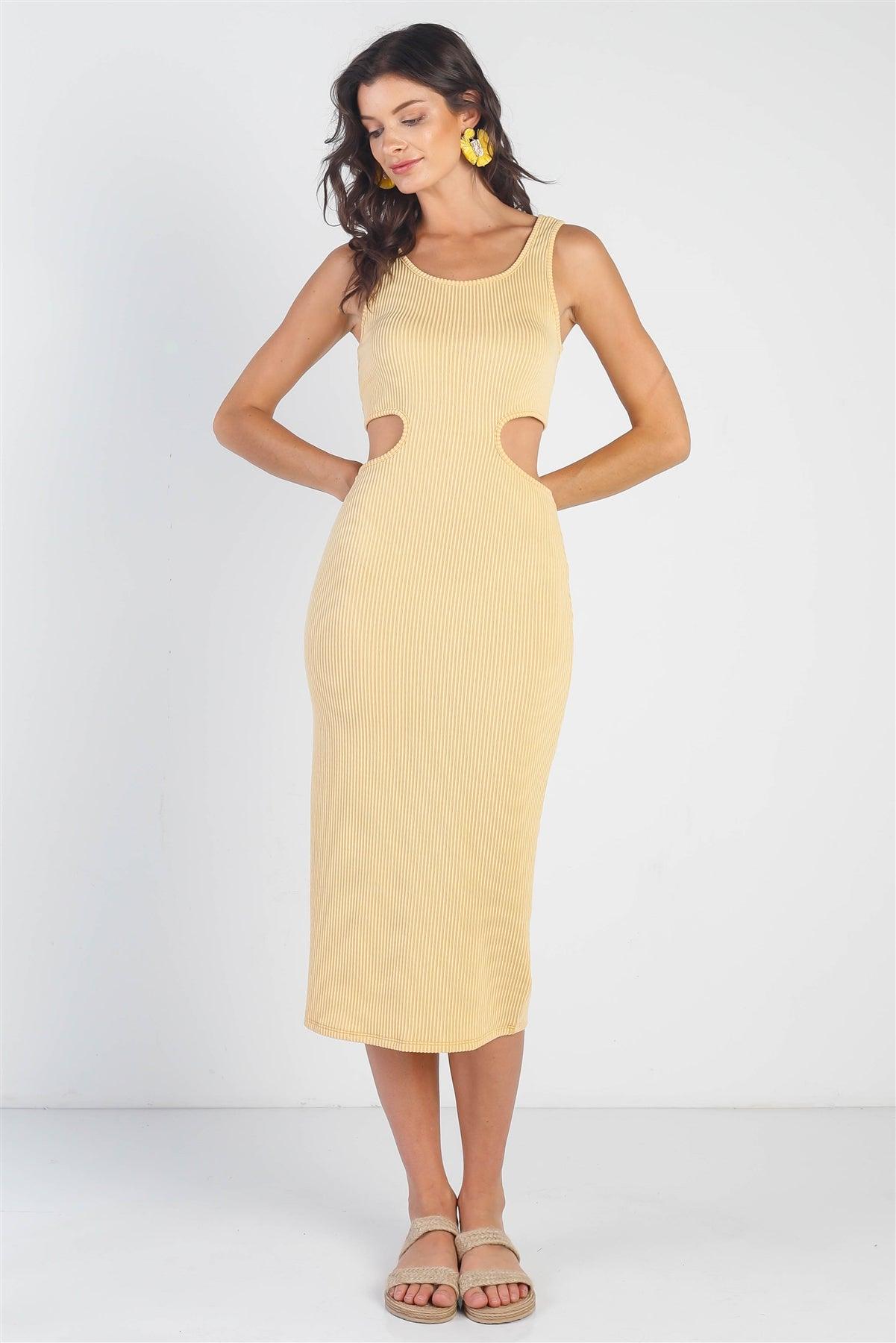 Yellow Ribbed Cut-Out Detail Midi Dress /3-2-1