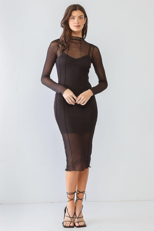 Black Sheer Mesh Inside-Out Detail Long Sleeve Midi Dress /1-2-2-1