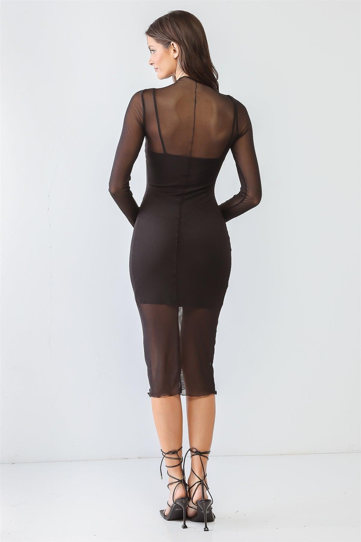 Black Sheer Mesh Inside-Out Detail Long Sleeve Midi Dress /1-2-2-1