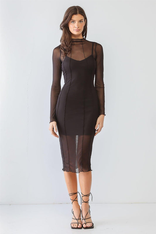 Black Sheer Mesh Inside-Out Detail Long Sleeve Midi Dress /1-3-1-1