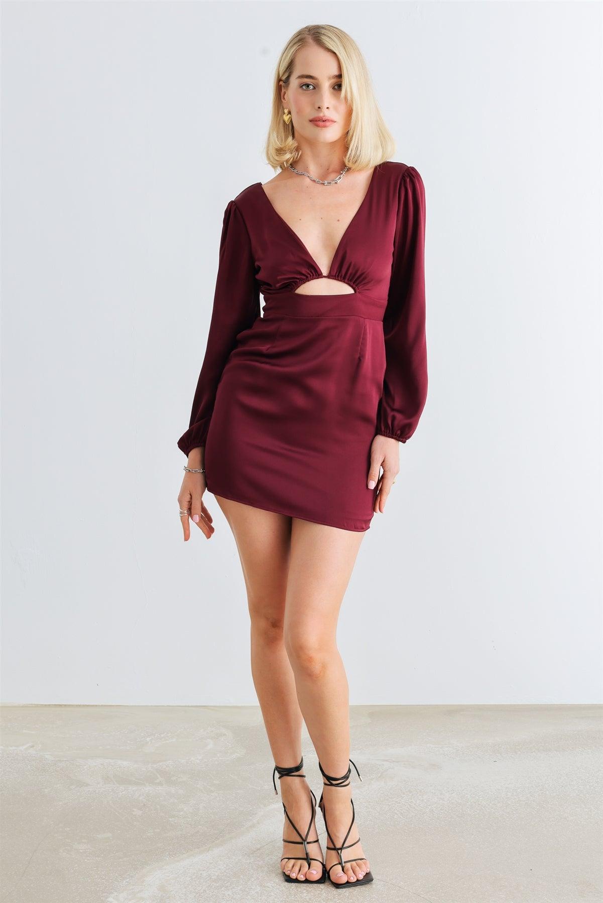 Burgundy Satin V-Neck Puff Long Sleeve Cut-Out Mini Dress /1-2-2-1