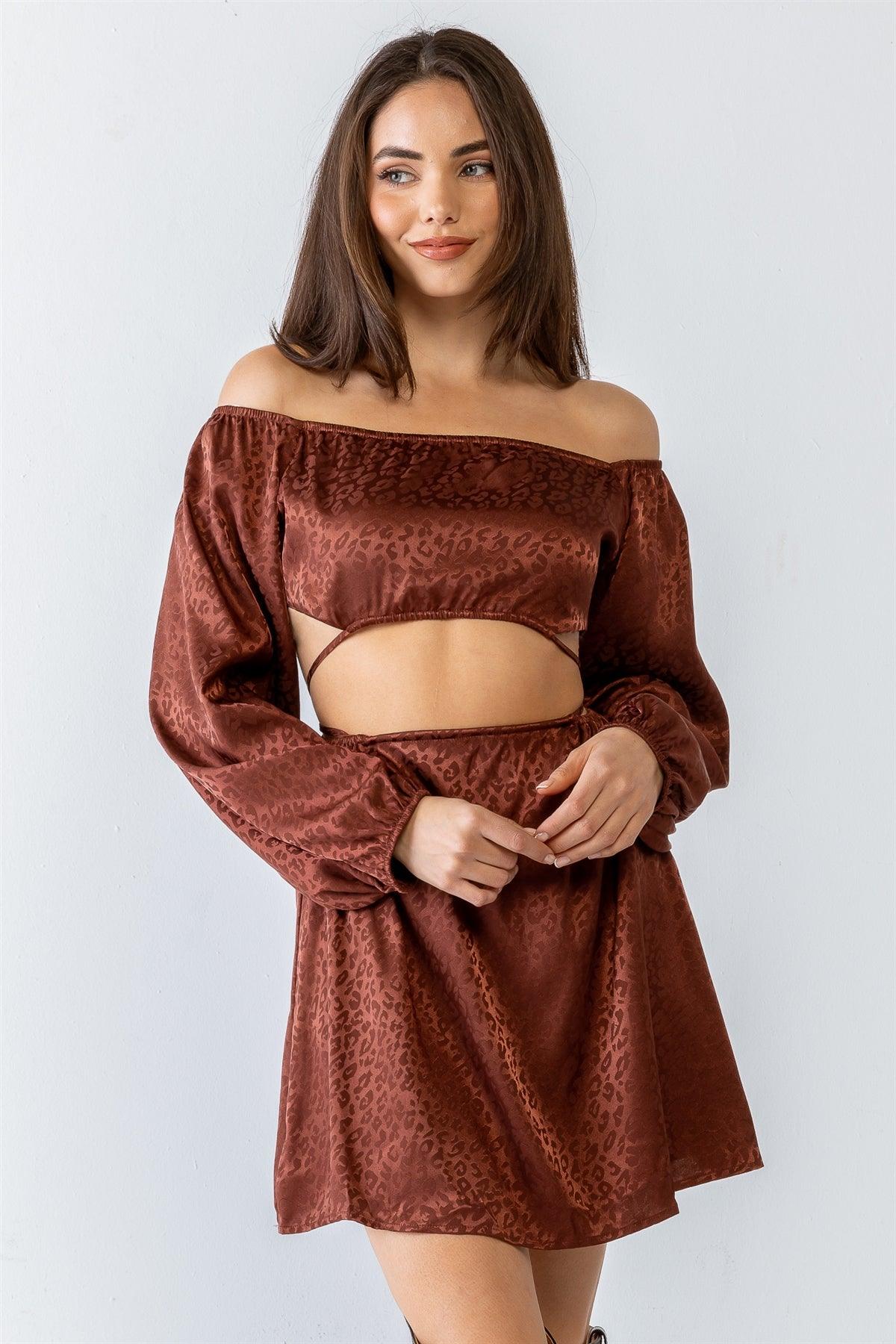 Chocolate Leopard Print Satin Off-The-Shoulder Open Front Mini Dress /1-1-1-1