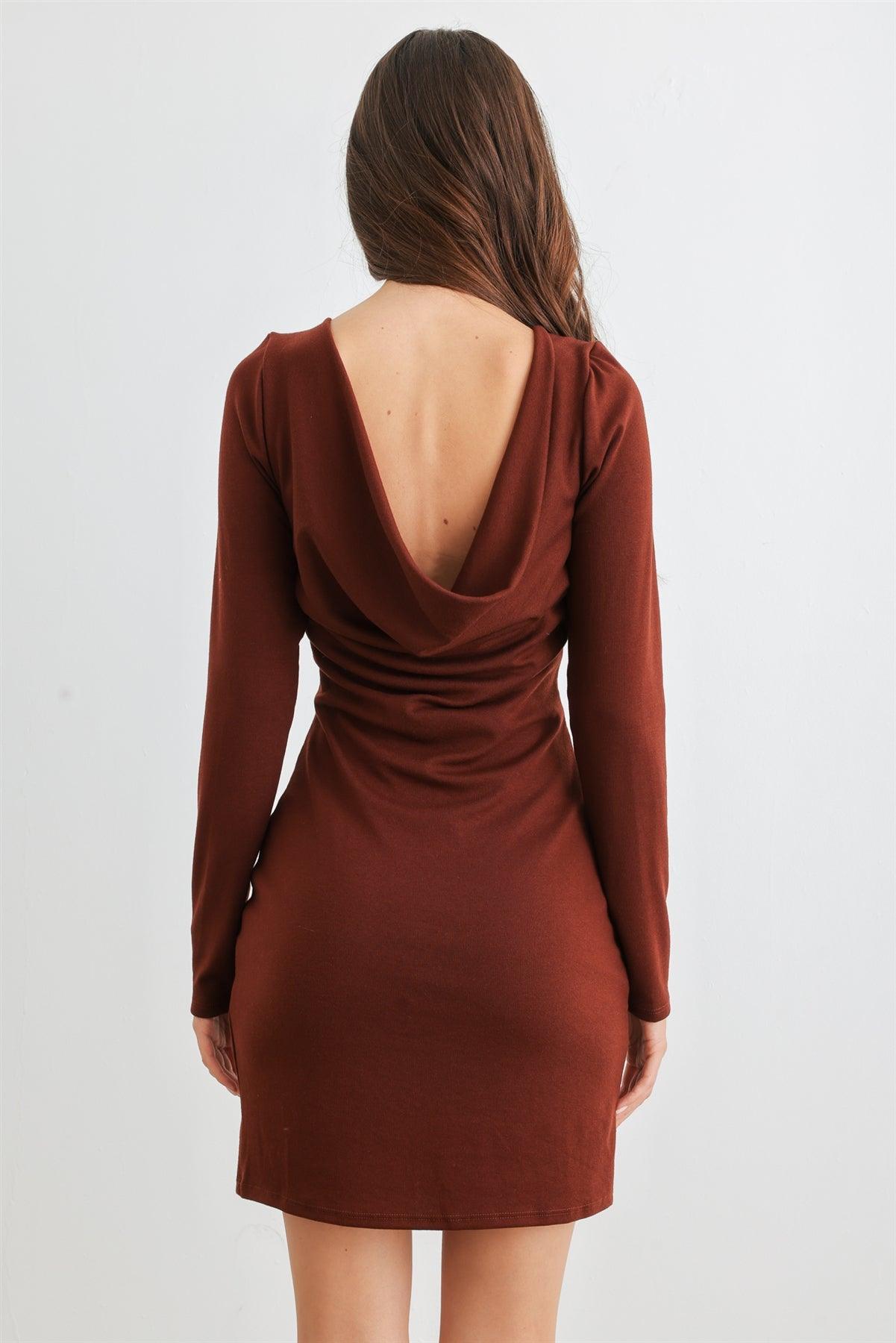 Cognac Cowl Back Long Sleeve Mini Dress /1-1-2-1