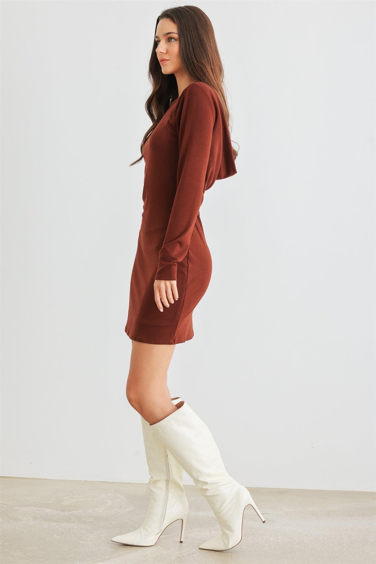 Cognac Cowl Back Long Sleeve Mini Dress /1-1-2-1