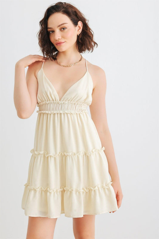 Light Yellow Ruffle Sleeveless V-Neck Mini Dress /1-2-2-1